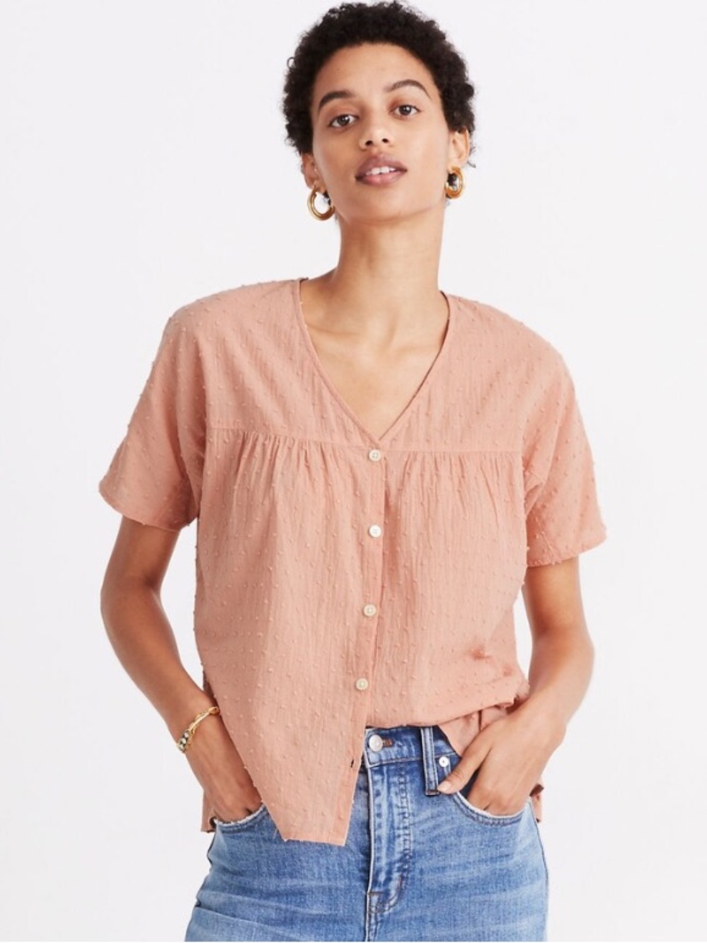 Madewell Rhyme Button-Front Top in Clipdot Antique Coral